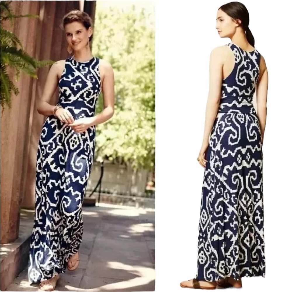 Anthropologie Maeve Scrollwork Navy White Print Jersey Knit Maxi Slip Dress - S